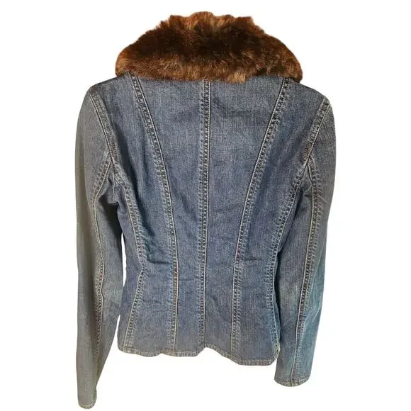 Ralph Lauren Denim Jacket Sz Sm Y2K Faux Fur Stitching Button Up - Picture 4 of 6